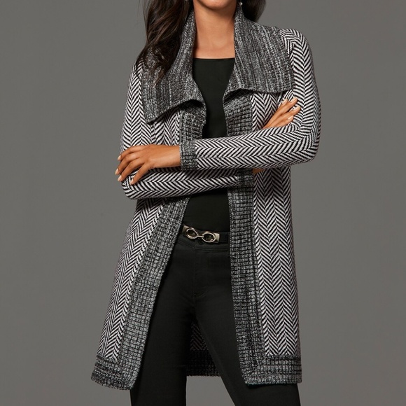 BLACK White WHBM Long Herringbone Cardigan Coat - Picture 5 of 8